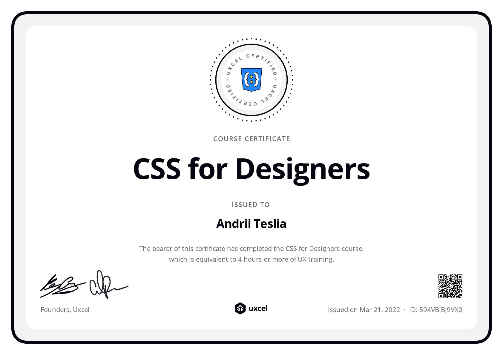 Andrii Teslia's certificate